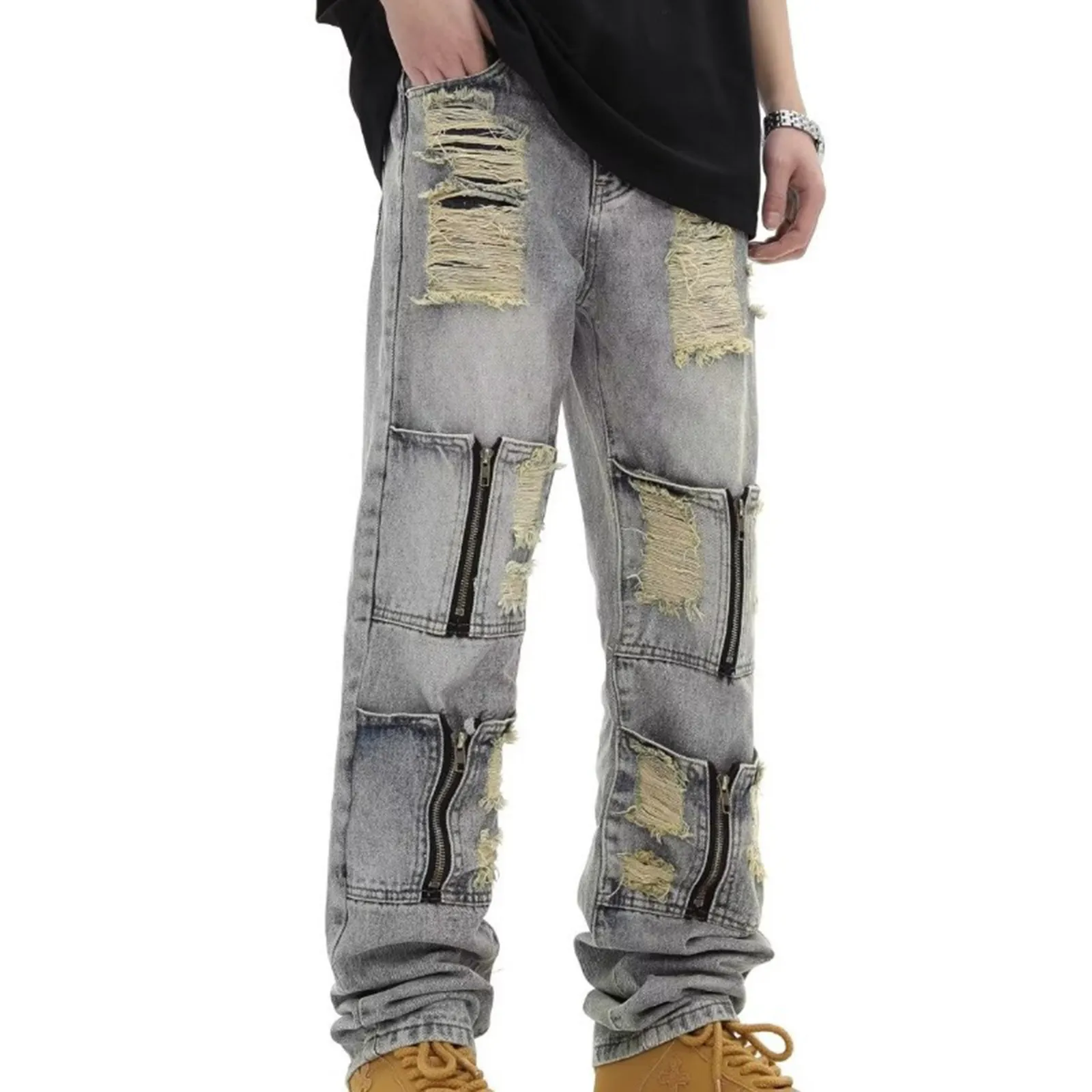 Vintage Ripped Loose Personality Denim Pants Men's High Street Fashion Straight Leg Jean Denim Pants Men Stretch Trousers