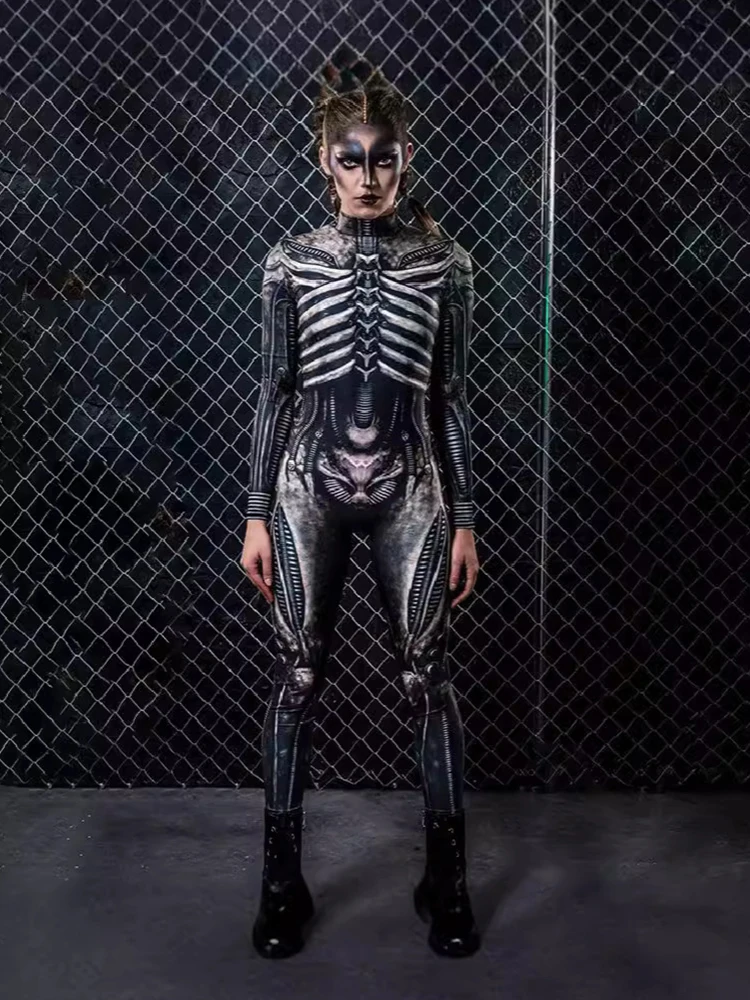 Skull Jumpsuit Disguise Scary Skull Skeleton Horror Terror Halloween Costume for Women Zentai Ghost Carnival Party Masquerade