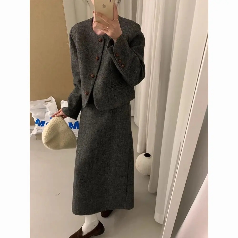 

UNXX 2023 Autumn Winter New Arrivals Women's Tweed Woolen Suit with High-End Feel Elegant Short Wool Jacket and Skirt Set Female