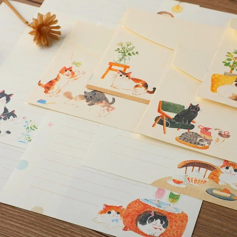 Kawaii Cats Envelopes with Letter Pads Cartoon Letter Writing Paper Wedding Invitation Card Cover 9pcs/set kraft paper envelopes window envelopes mailing envelopes mini envelopes writing paper set