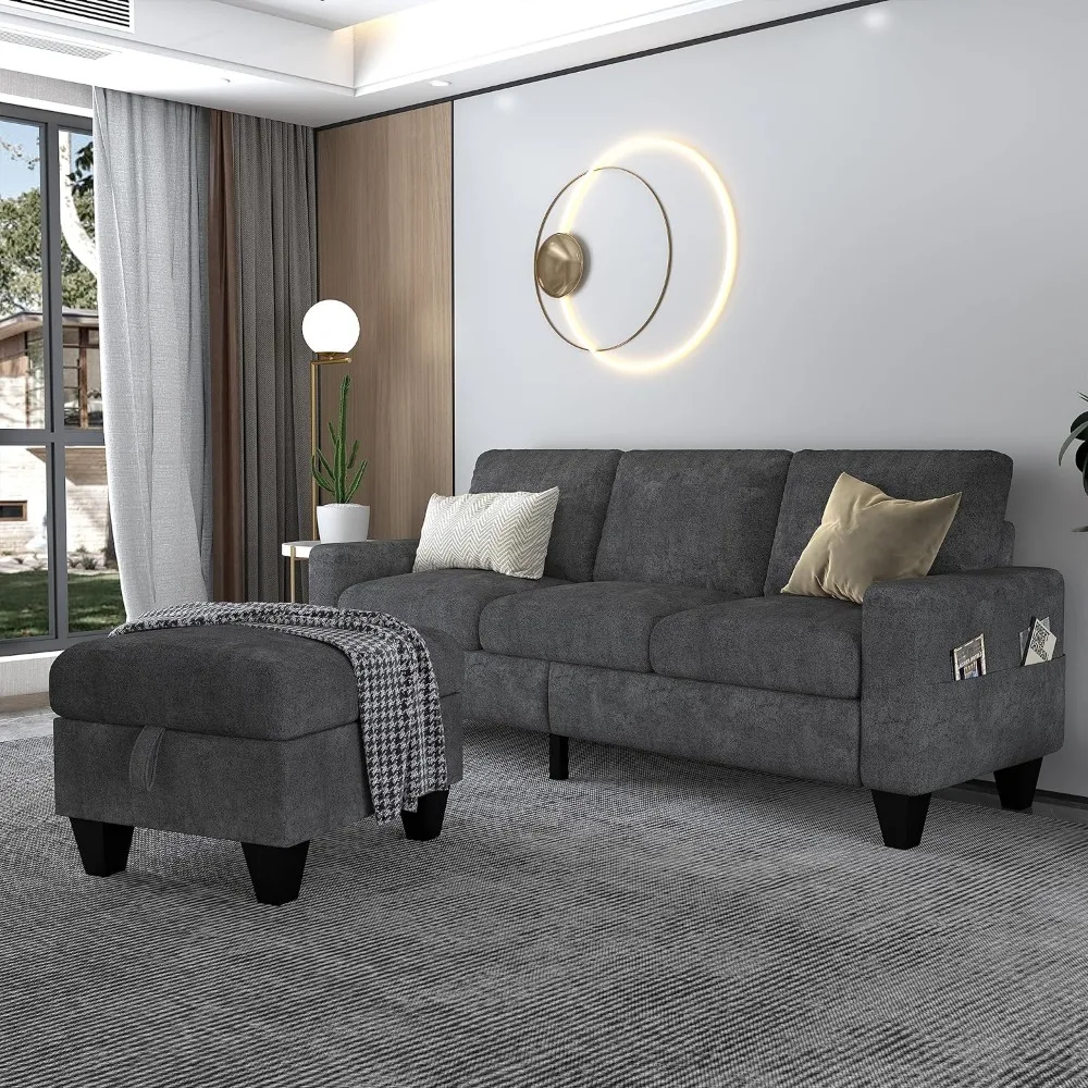 

Convertible Sectional Couch,3-Seat L-Shaped Furniture with Storage Reversible Ottomake Velvet Uace Apartment, Light Grey