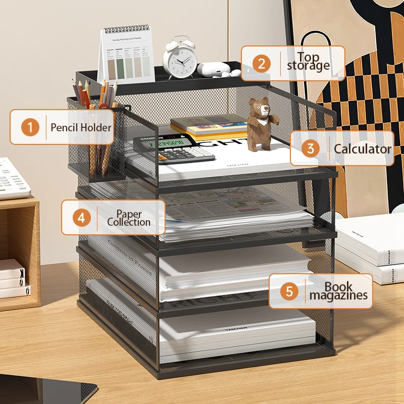 Desktop vertical multi-layer file storage rack, metal mesh file storage basket, suitable for office and home school