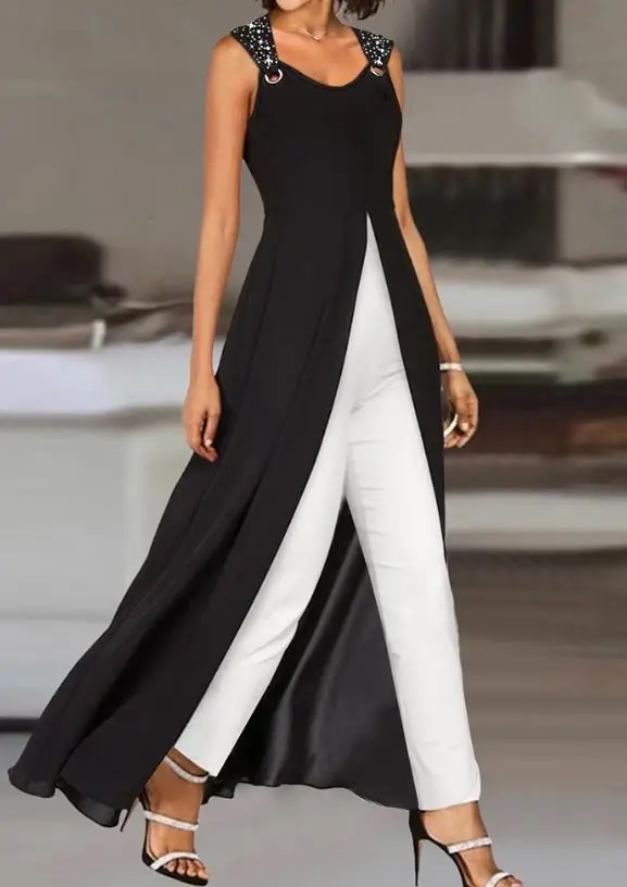 Women's Long Jumpsuit Summer 2023 Fashion Office Rhinestone Color Matching Patchwork V-Neck Asymmetric Slit Ruffle Jumpsuit
