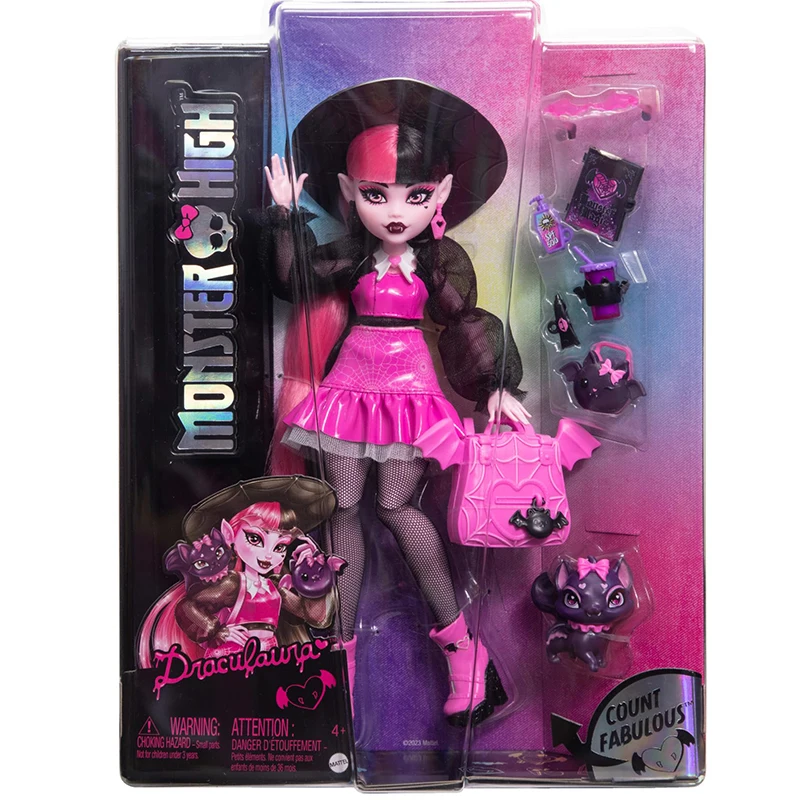 Boneca Mattel Monster High Draculaura com animal de estimação Bat-Cat Conde acessórios fabulosos como mochila, livro de feitiços, caixa Bento e muito mais