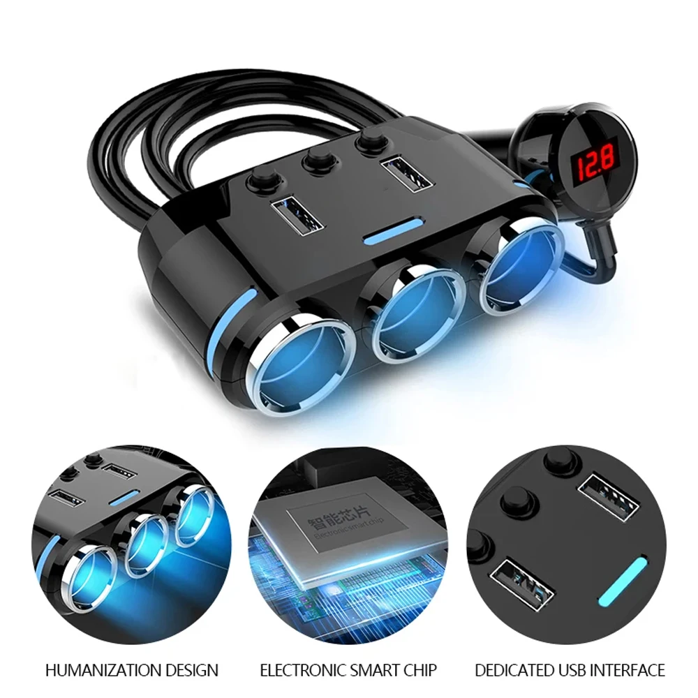 

12V-24V Car Cigarette Lighter Socket Splitter Plug LED USB Phone Charger Adapter Voltage Car Cigarette Lighter Extension Cable