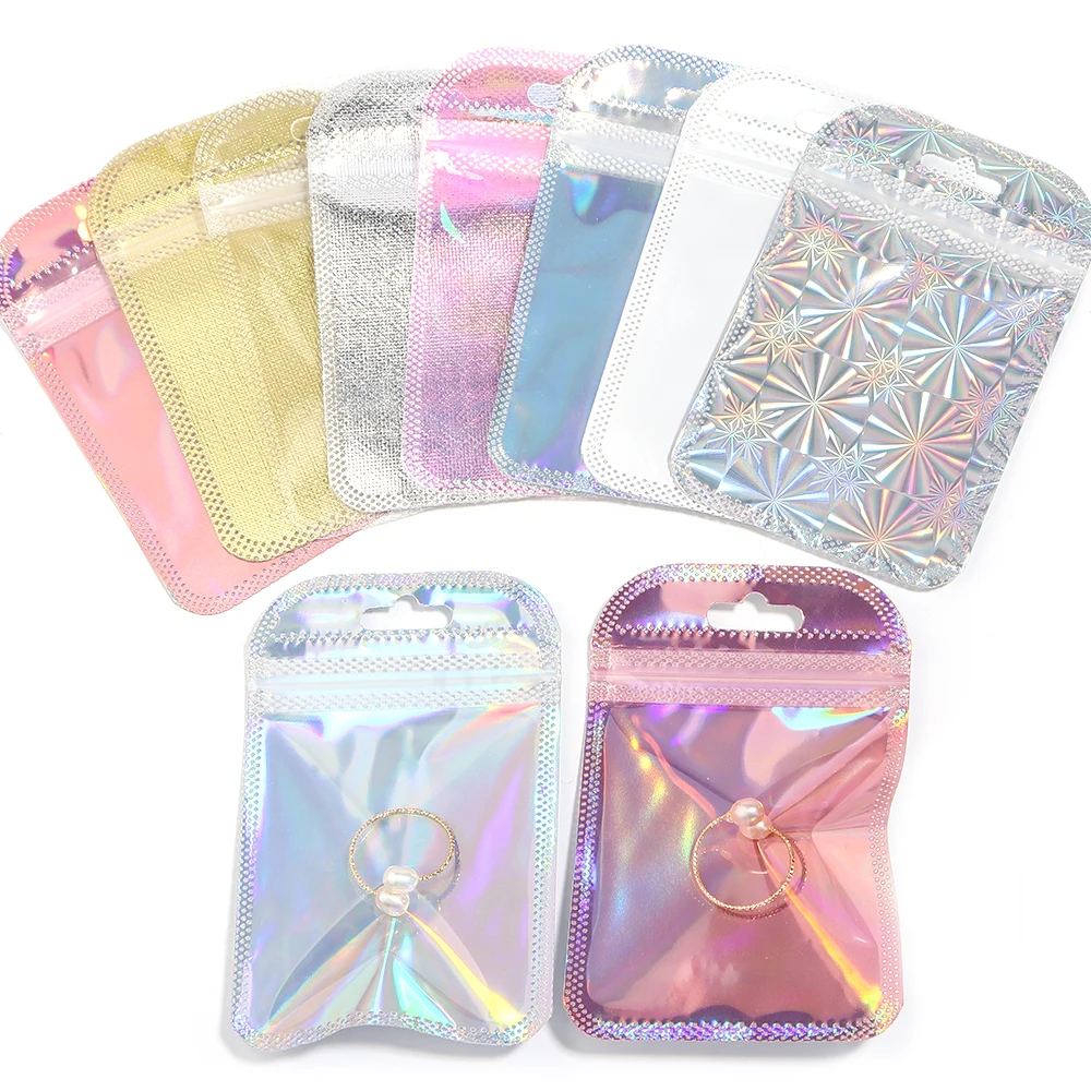 20pcs/Lot 7X11cm 8X13cm Iridescent Ziplock Bags Transparent Laser Thicken Plastic Seal Bags for Jewelry Display Handicrafts Nail