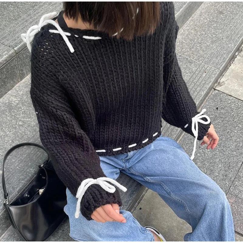 Chic Loose Lace Up Women's Sweater Elegant Round Neck Long Sleeves Pullover Top Lady Autumn Fashion Streetwear