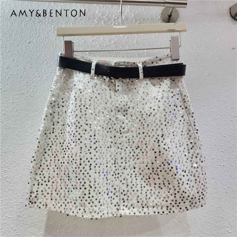 Fashion Clothes Sequined Pink Short Skirt Women's 2024 Summer New Korean Style Version Slimming A-line Denim Mini Skirt 3 Colors new needle buckle belt korean version for men and women fashion commuting high quality business travel luxury casual jeans belt