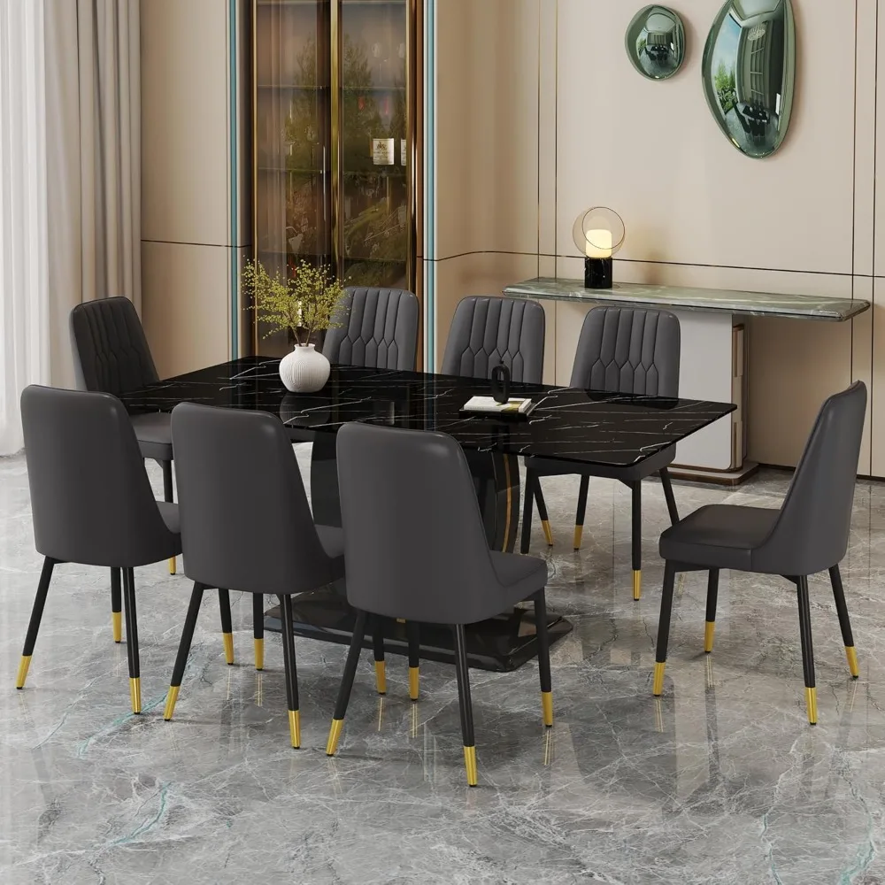 Modern Dining Table Set Rectangula Kitchen Table Set with Faux Marble Tabletop＆ Pu Leather Upholstered Chairs Ideal for  Kitchen 6