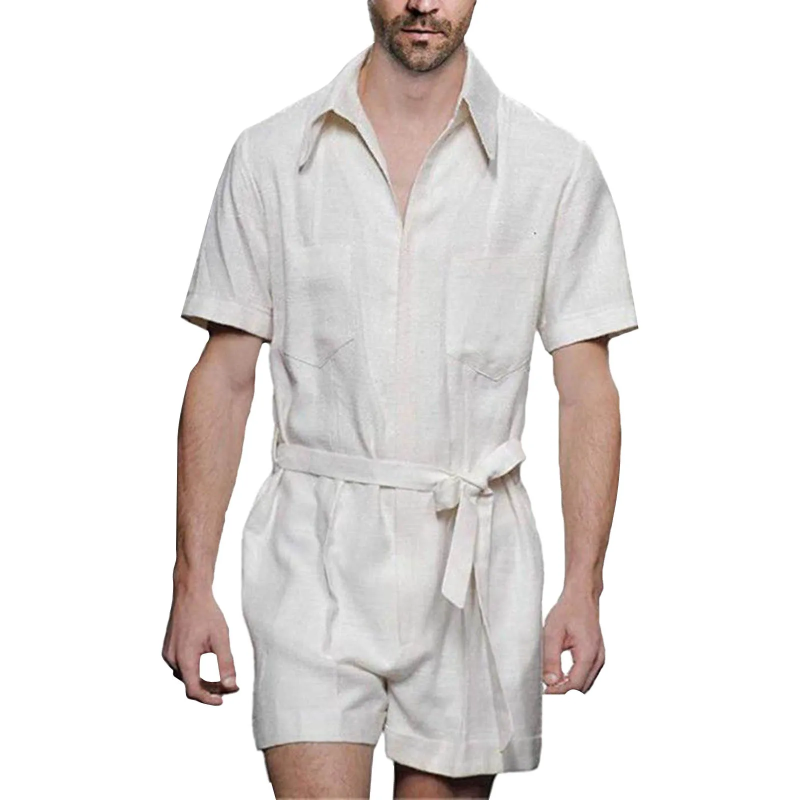 Men'S Jumpsuit Summer Solid Slim Jumpsuits Belted Short Sleeve Lapel Summer Trousers For Man Casual Streetwears Ropa Hombre