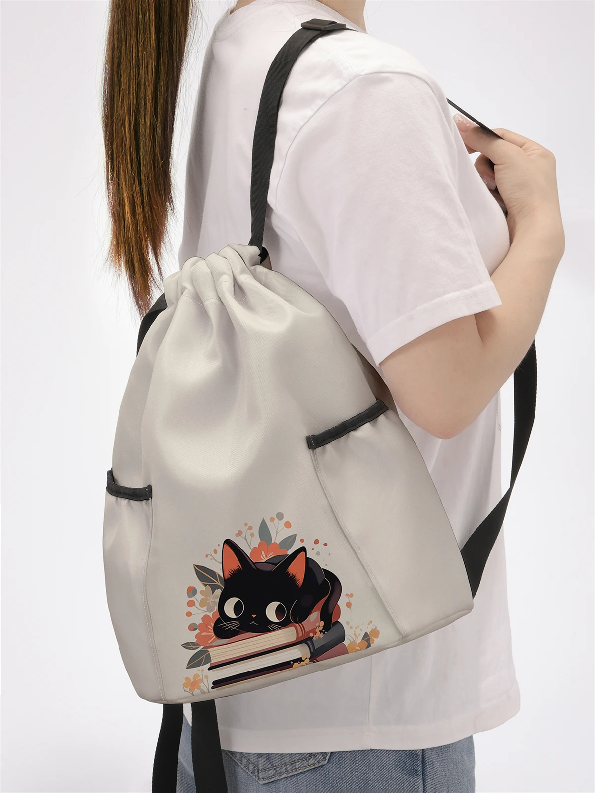 Cute Cat Pattern Printed Drawstring Backpack - Large Capacity Durable Fitness Bag, Sports Beach Backpack