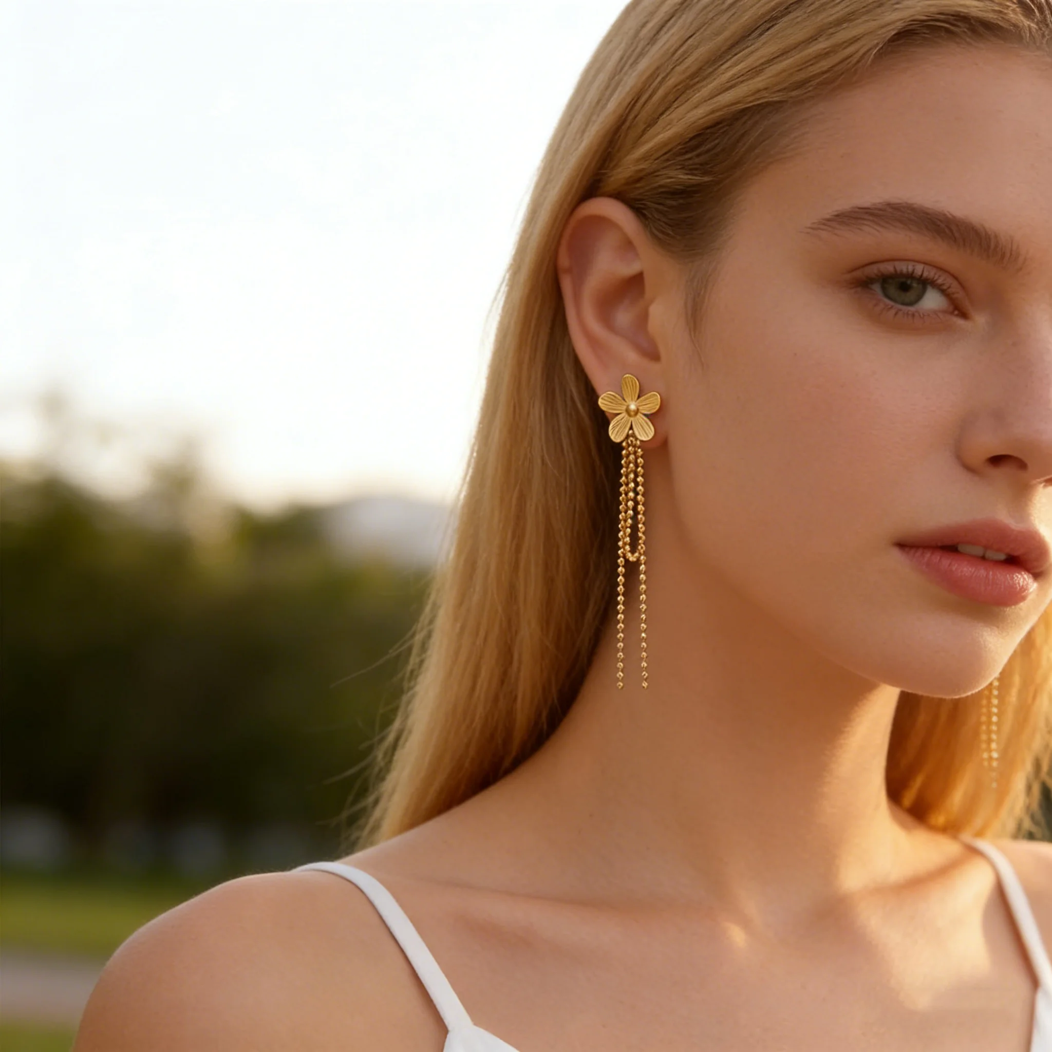 Exquisite Edelstahl-Blumen-Ohrringe mit Langen Quasten für Damen, Vergoldet, Trendiger Hypoallergener Piercing-Schmuck, Geschenke – Detail 4