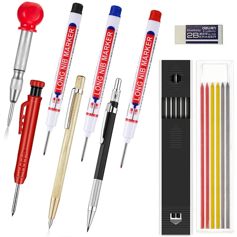 Construction Woodworking Tool Set Solid Carpenter Pencils with Marker Refills and Carbide Scriber Tool Automatic Center Punch