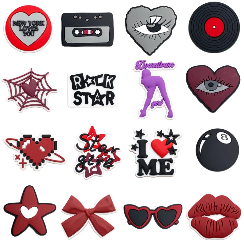 Y2K JIBBITZ Cute PVC Shoe Charms For Clogs Includes Rock Star, Heart, Spider Web, and Lip Designs Fashion Accessories