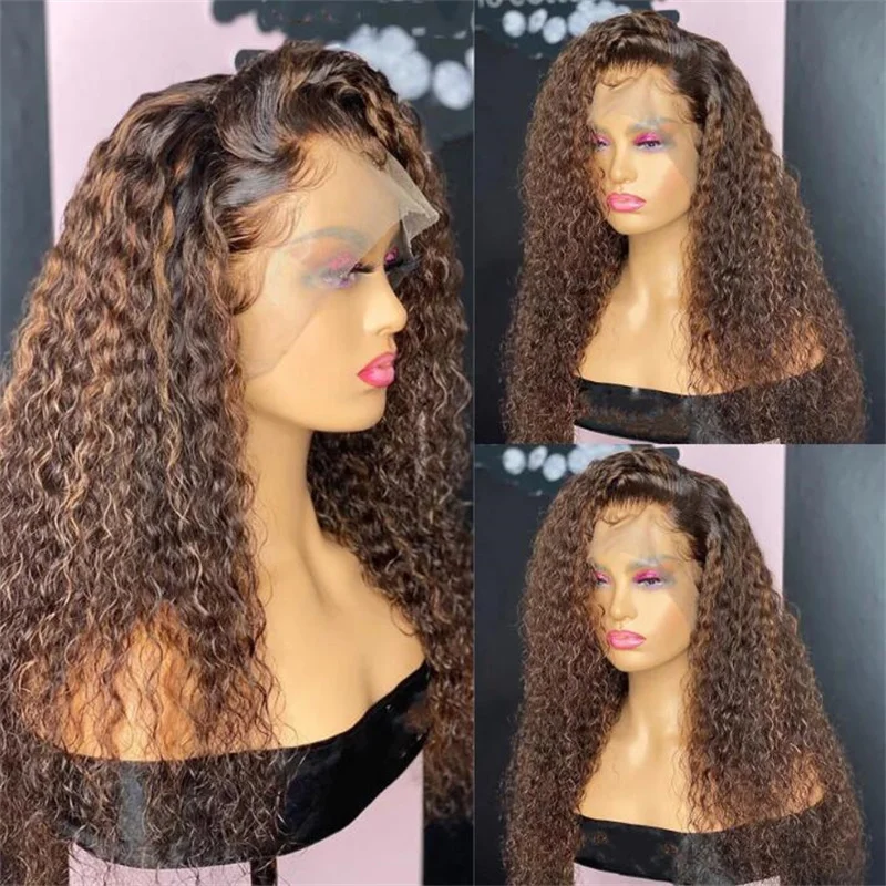

Long Soft 180Density 26“ Ombre Brown Kinky Curly Lace Front Wig For Black Women Babyhair Preplucked Heat Resistant Glueless