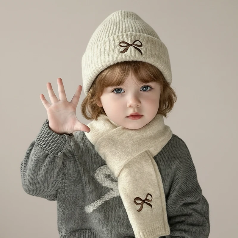 2PCS Korean Kids Knitted Hats Scarfs Suit Winter Children Beanie Soft Thicken Girls Boys Hat Cute Bow Embroidered Warm Cap