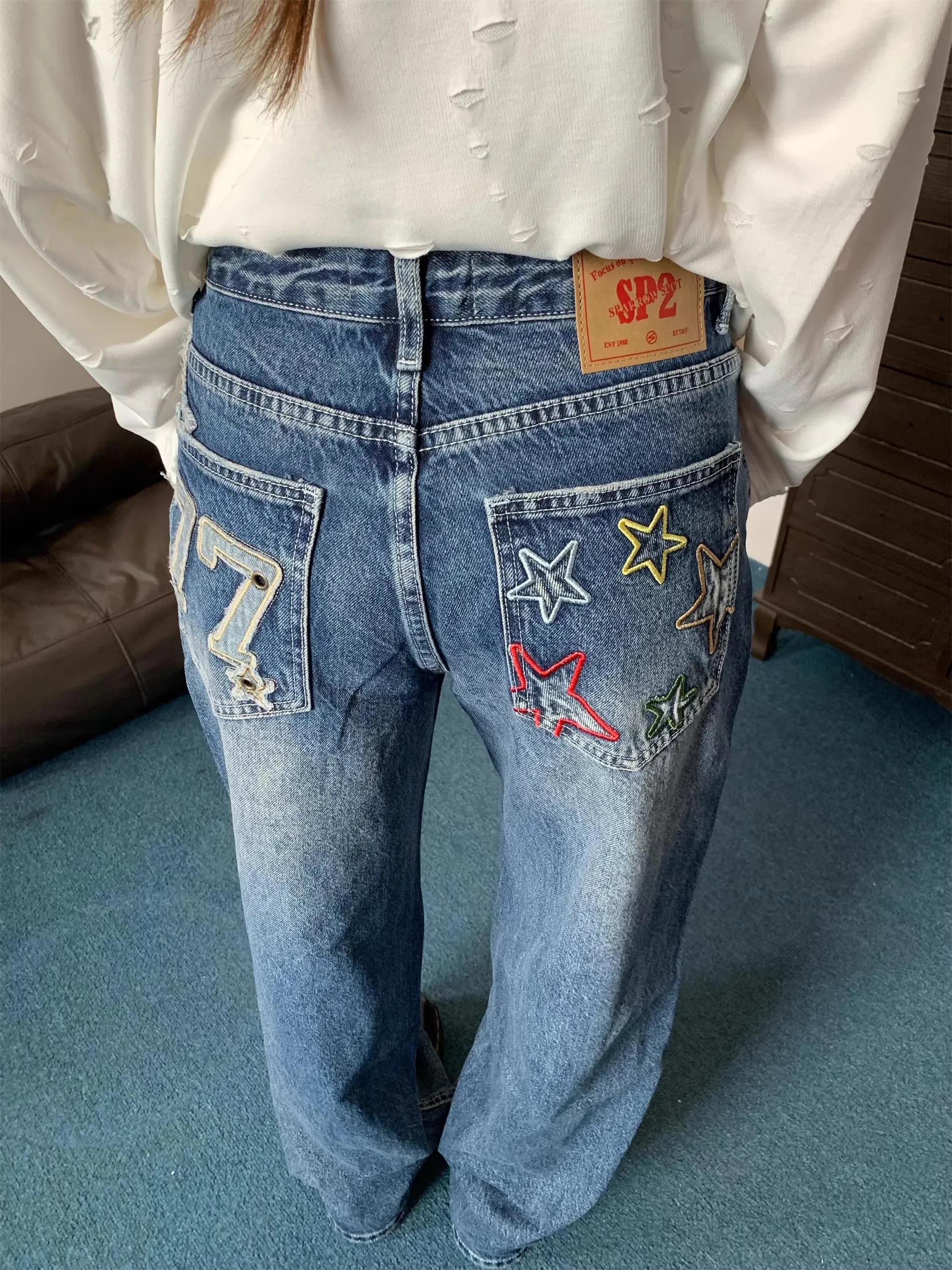 Women's Loose Straight Leg High Street American Style Jeans Wide Leg Trousers with Patch Design Couple Trendy Brand