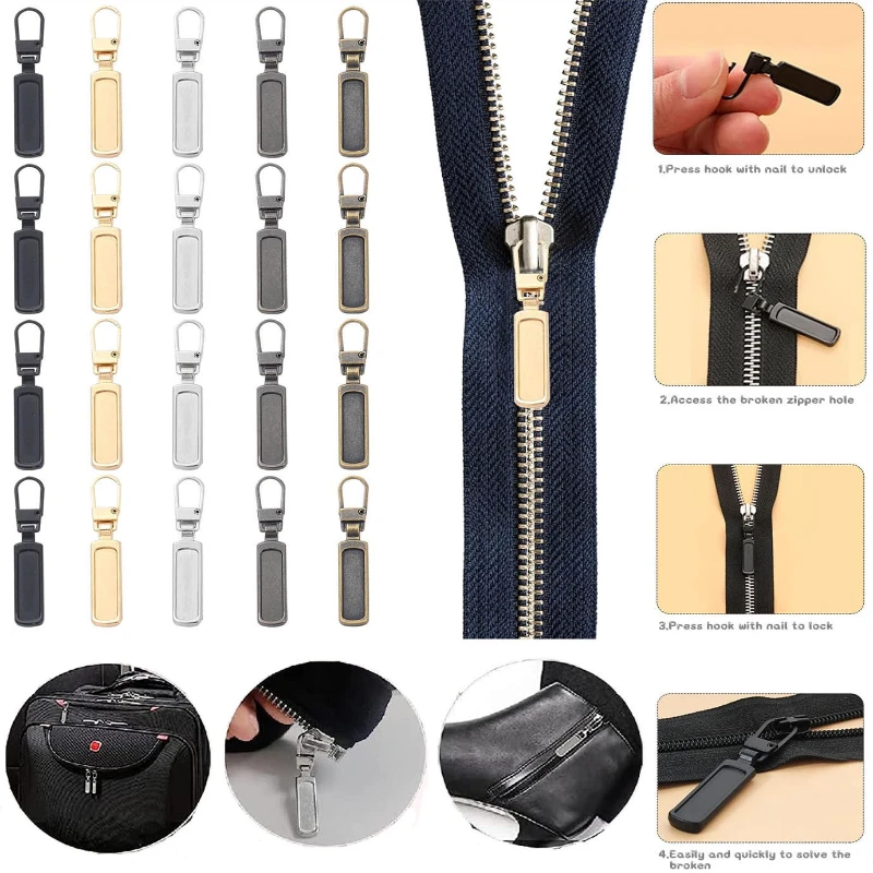 

Detachable Metal Zipper Puller Replacement Tab Zipper Sliders Head Repair Kit for Suitcases Bags Coat Clothing DIY Sewing Craft