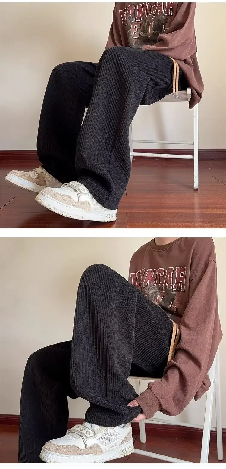 النمط الأمريكي الرجال سروال قصير الخريف/الشتاء الصوف مبطن فضفاض مستقيم الساق بناطيل كاجوال العصرية واسعة الساق الرجال السراويل