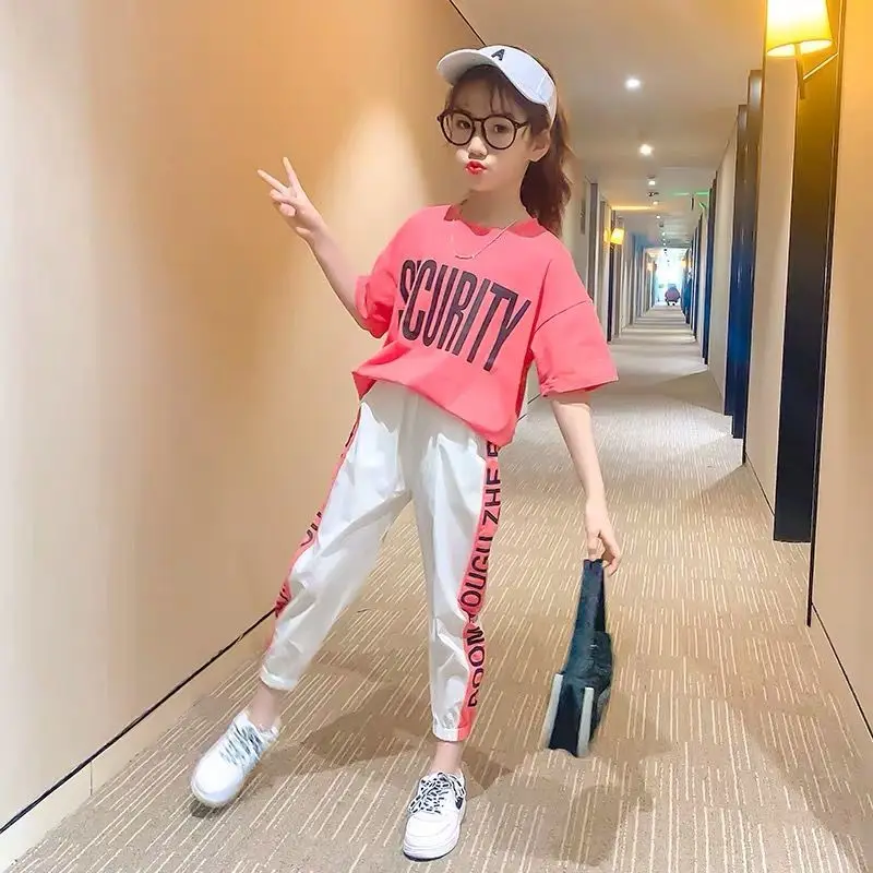 

2 Pieces Tracksuit Size 4 6 8 10 12 Years Summer Girls Letter Clothing Sets Kids Teenager Sports T-shirt and Pant Shorts Outfits