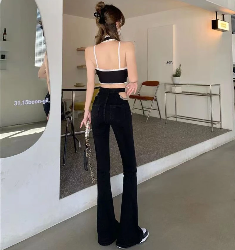 Solid Color Casual Fashion Women's Jeans Hollow Out High Waist Denim Trousers Slim Flare Pants