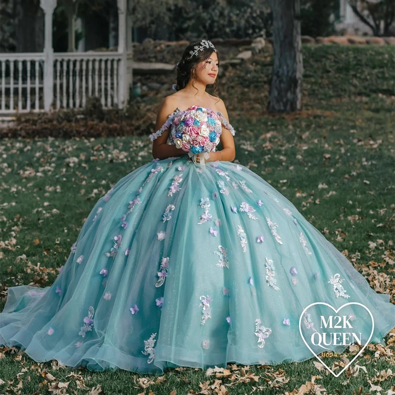 

Aqua Blue Shiny Quinceanera Dresses Sweetheart Off The Shoulder Applique Flower Beads Tull Party Dress Ball Gown Vestidos De 15