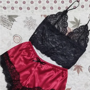 2 Pieces Pajamas Set for Women Sleepwear Sexy Lingerie Lace Silk Crop Tops and Shorts Sets Casual Nightwear Pijamas 3
