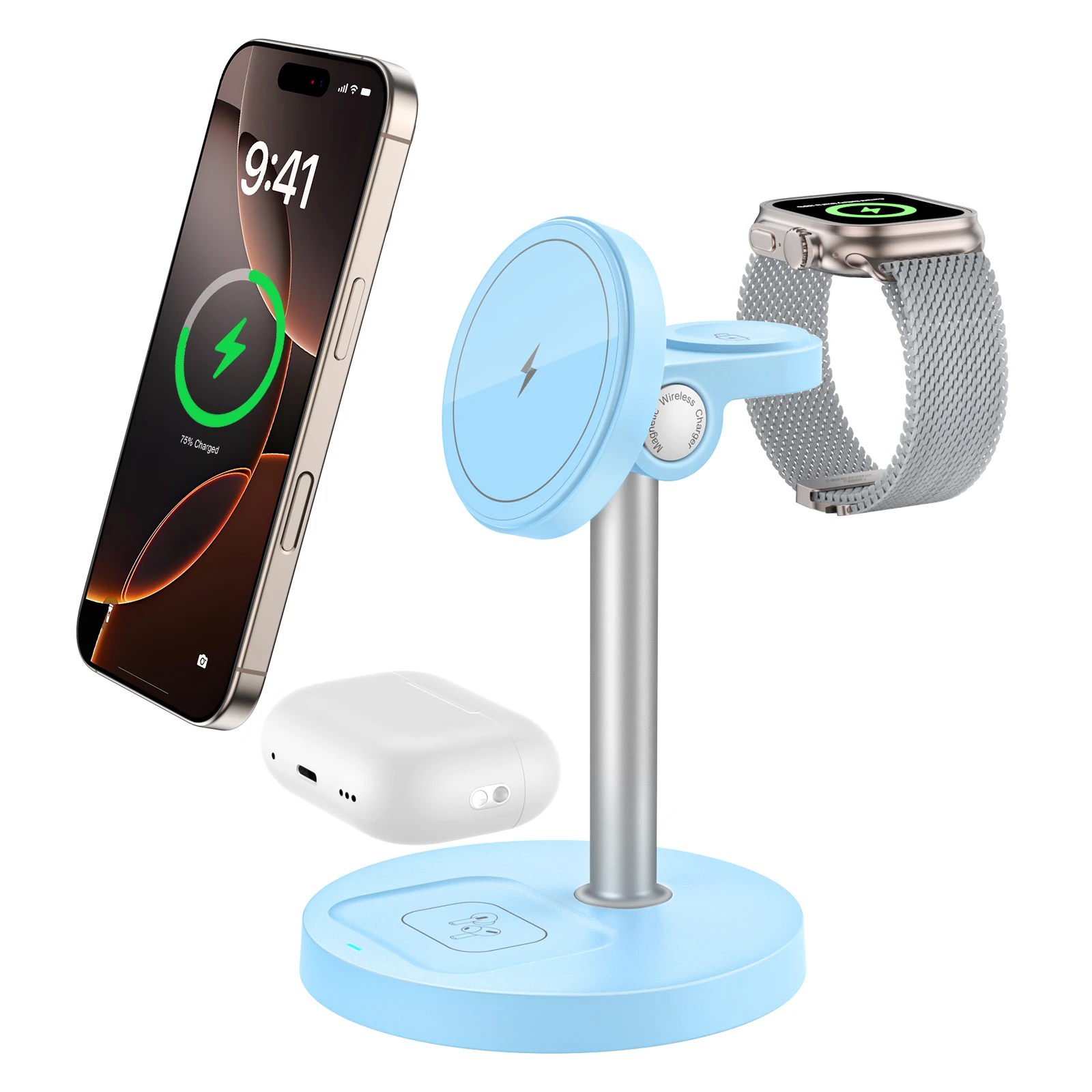 15W Fast Wireless Charging Stand with Adjustable Angle – 3-in-1 Magnetic Charger for Smartphones, Smartwatches, and Earbuds