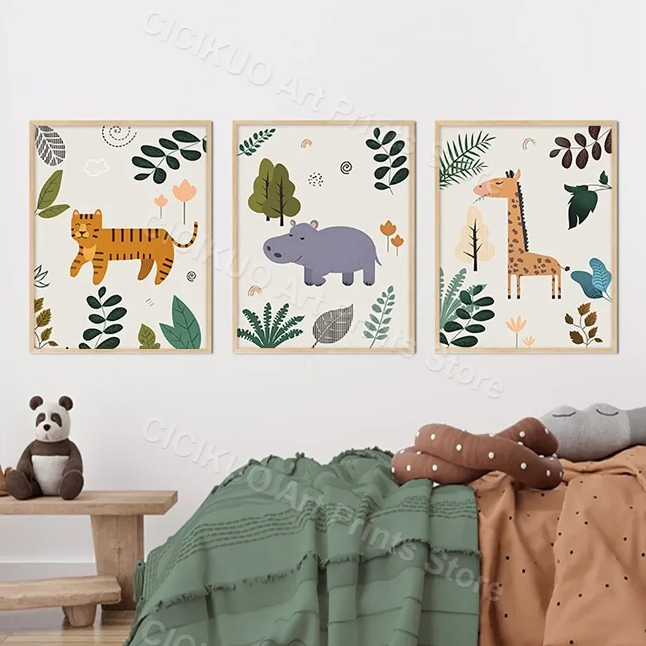 Safari Animal Giraffe Hippo Zebra Boho Nursery Wall Art Canvas Painting Nordic Posters Prints Pictures Children Kids Room Decor