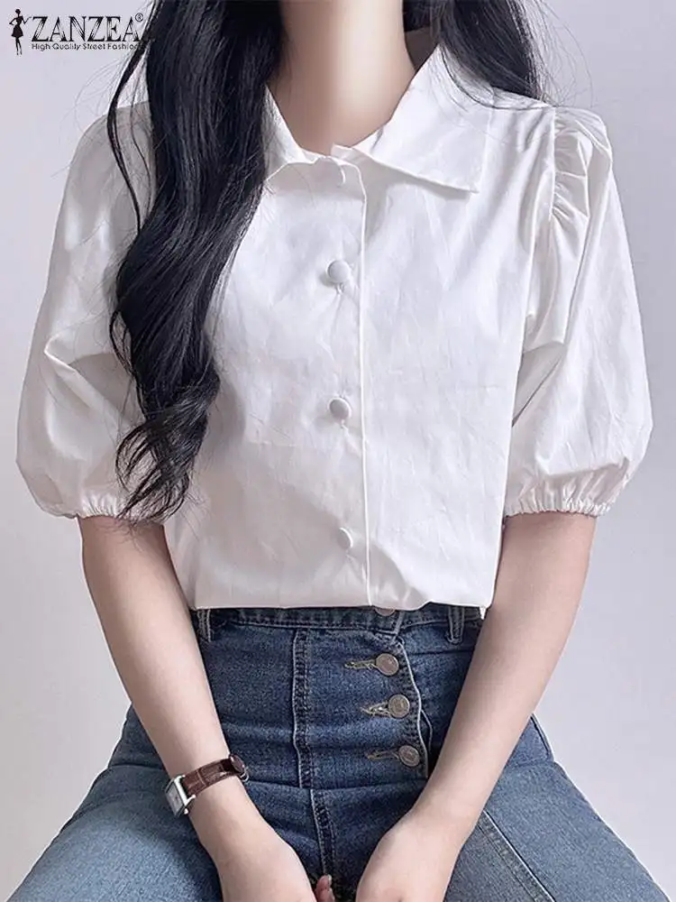 

ZANZEA Summer Fashion Solid Color Shirt Woman Lapel Neck Puff Sleeve Blouse Casual Street Tunic Tops Elegant OL Work Chemise