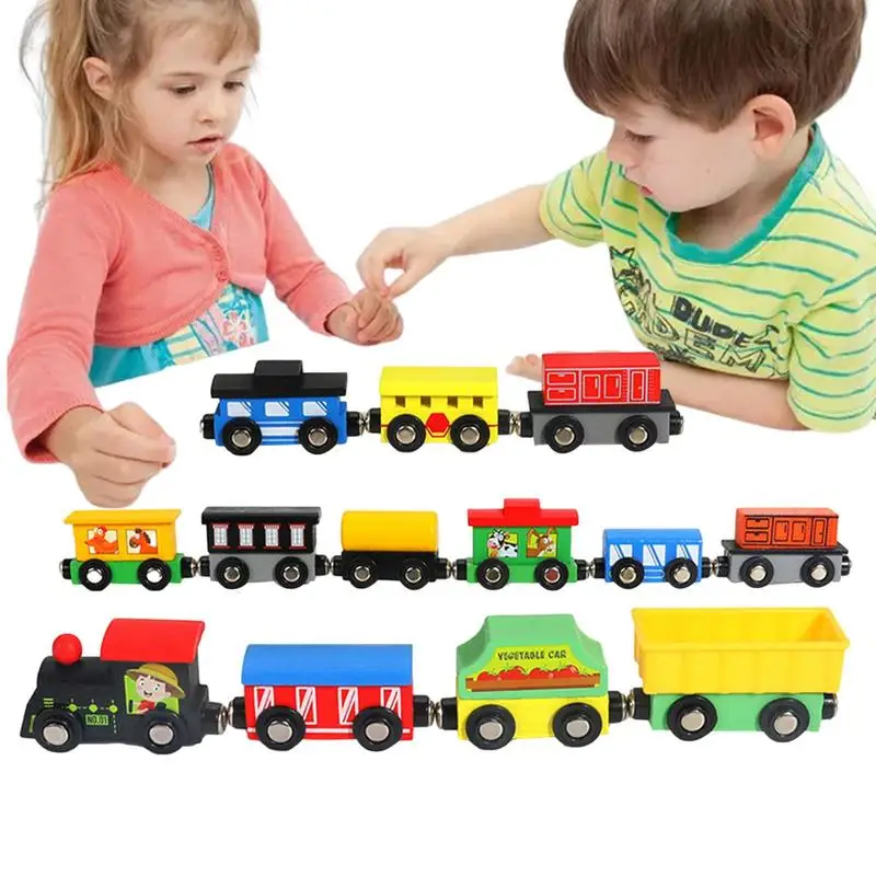 Wooden Magnetic Train With 13 Carriages Splicing Educational Puzzle For Girls & Boys Track Accessories For Nursery Kindergarten