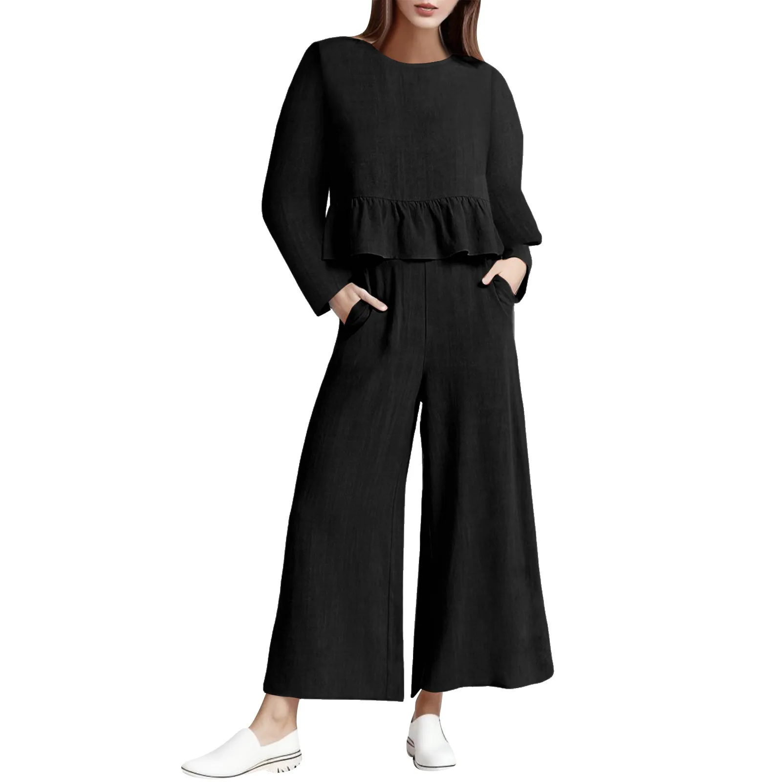 

Womens Casual Solid Colours Set Elegant Round Neck Long Sleeved Pleated Blouse Wide Leg Nine Minute Trousers Two Piece Suit