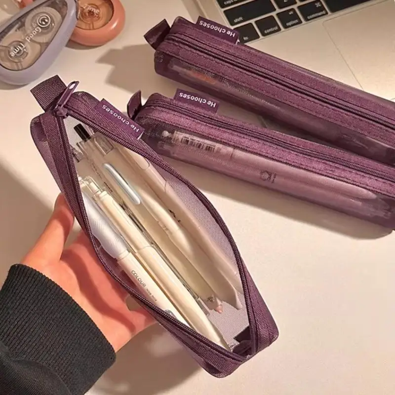 휴대용 연필 케이스 여행용 보관함 나일론 메쉬 메이크업 브러쉬 정리함 투명 대용량 펜 가방 학생 사무용품