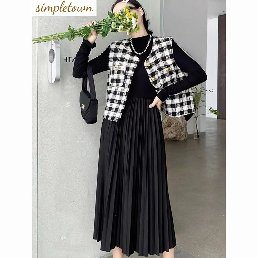 Small Fragrant Tank Top Pleated Skirt Set for Women's Spring and Autumn 2023 New Slim Style Knitted Splice Dress Two Piece Set