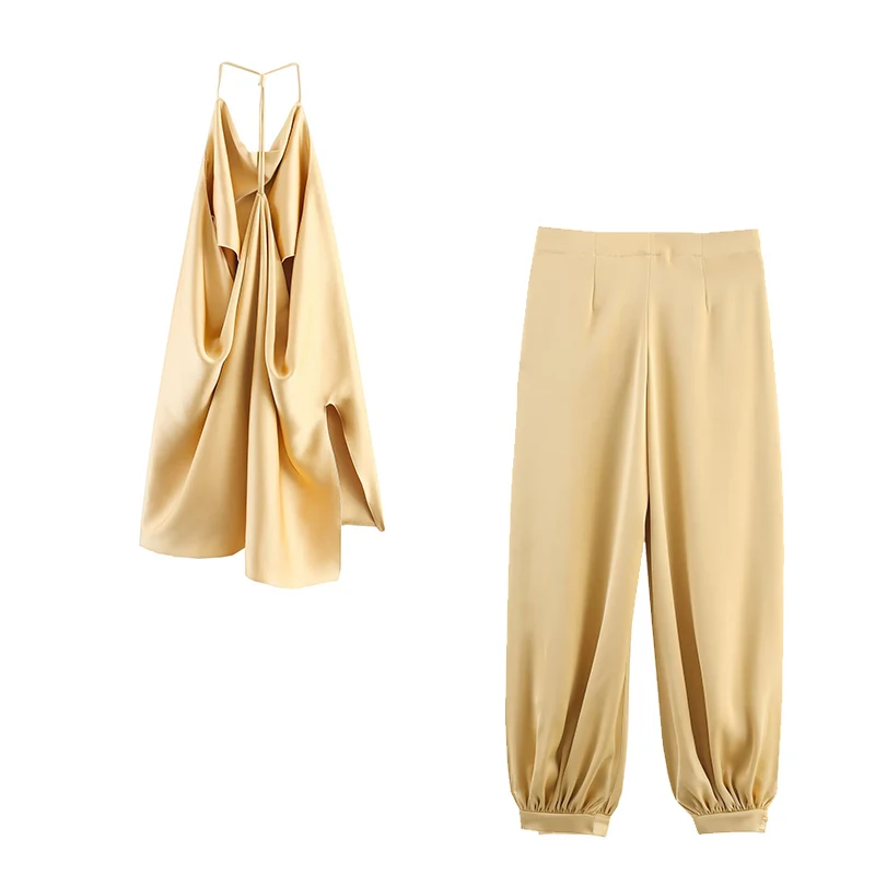Chic Satin Jogger Pants Set Women 2 Pieces Lace Up Backless Sleeveless Short Top Trousers Suits Elegant 2025 Woman Outfis