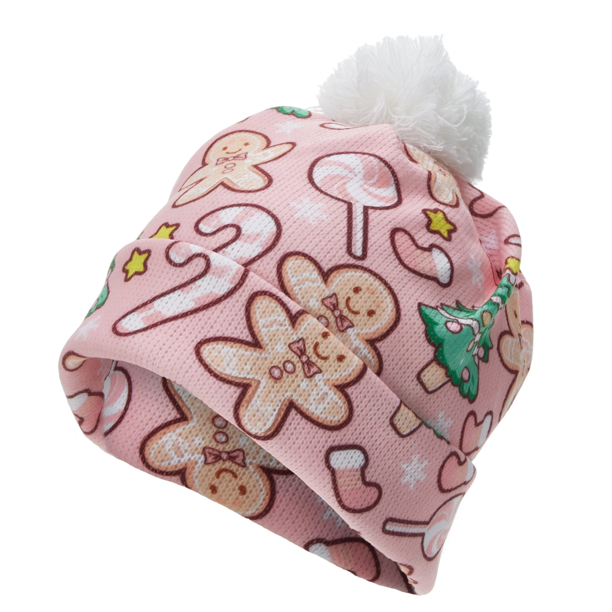 Christmas Knit Hat with Faux Fur Pom Pom and Festive Print - Stylish Beanie for Adults to Celebrate the Holidays