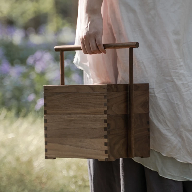 

Black Walnut Single Layer Double Layer Carrying Box Portable Tea Box Storage Box Wooden Tea Carrying