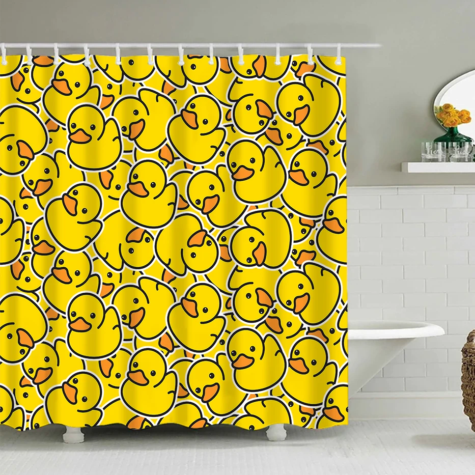 Shower Curtain Duck Cartoon Character Bath Drops Dots Cloth Fabric with Hooks