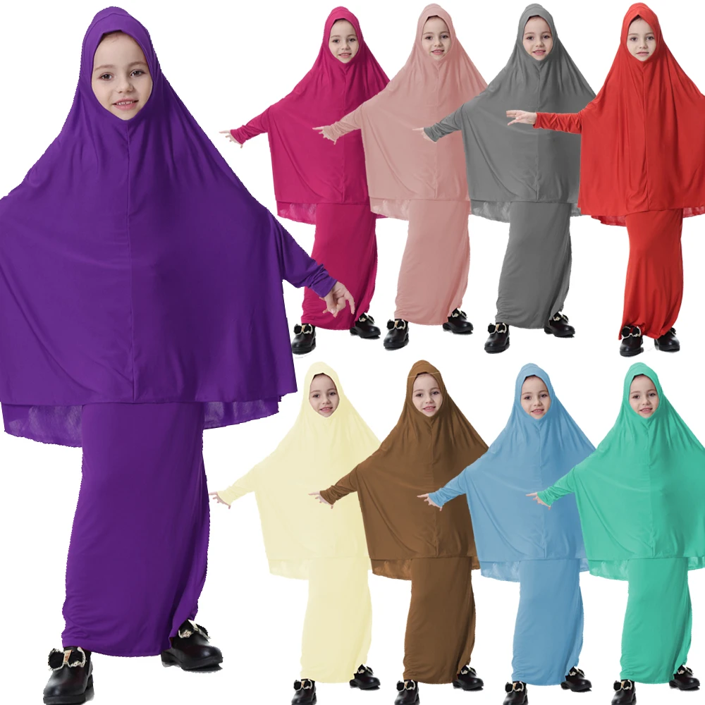 Eid Ramadan Muslim Kids Girls Hijab Dress Overhead Khimar Caftano Islamico Bambino Preghiera Indumento Vestiti Set Abito Arabo Niqab Abaya