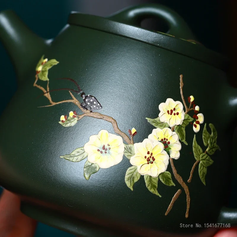 270ml Capacity, Chinese Yixing High-end Handmade Purple Clay Green Teapot, Famous Artists Hand-carved Kettle, Zisha Tea Set, 1Pc