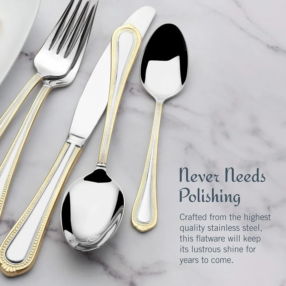 

Regent Bead Gold 65-Piece Stainless Steel Flatware Set French Tableware Service for 12 Dinnerware Sets Utensils for Kitchen Fork