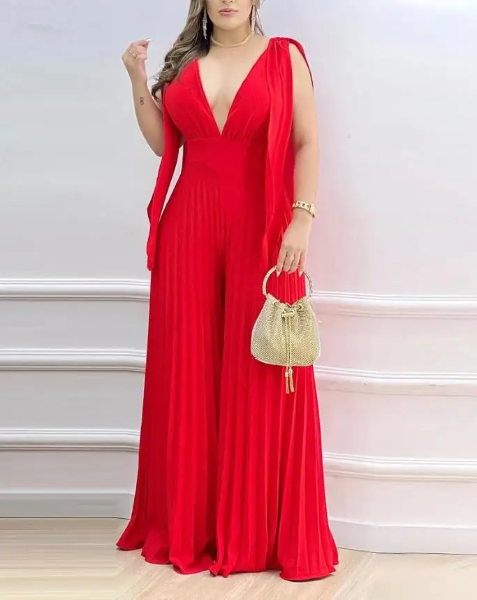

Elegant Women's Jumpsuit 2023 Spring Fashion Sexy Deep V-Neck Plain Sleeveless Pleated Wide Leg Long Party Jumpsuit