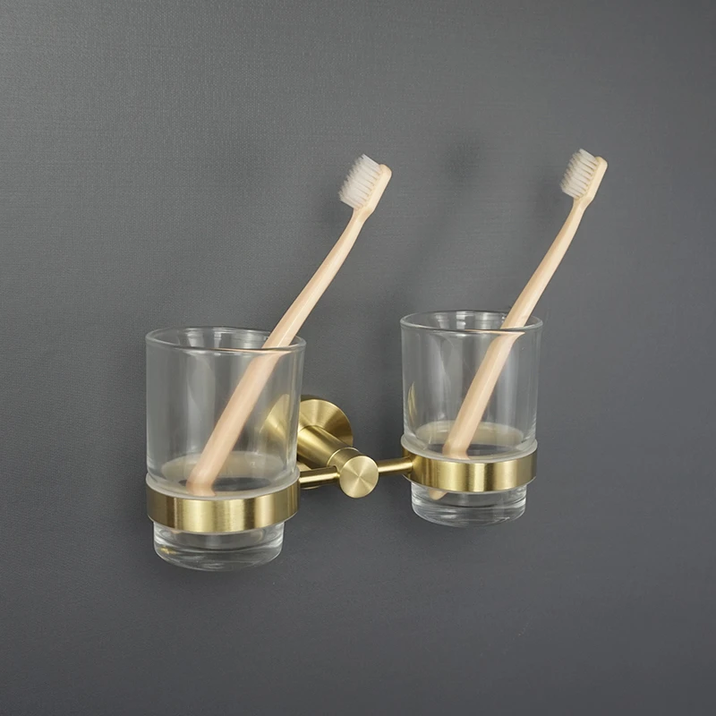 Double Toothbrush Holder Brushed Gold Cup Tumbler Holder Rack Wall Mount Glass Soap Dish Foam Dispanser Bathroom Accessories