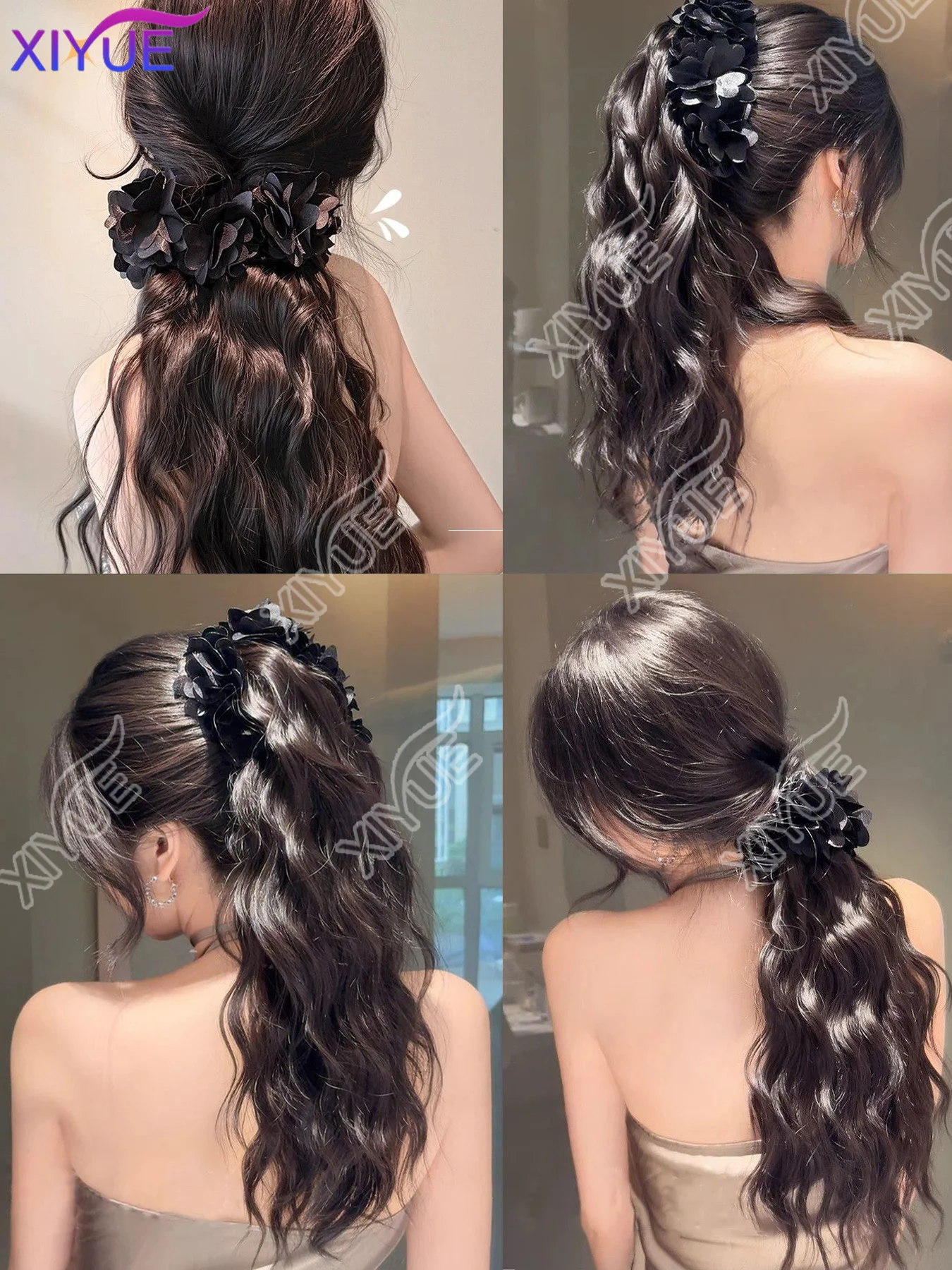 XIYUE Synthetic Long Curly Wig Claw Clip Fluffy Flower Clip in Ponytail Wig Red Black Wig Hair Clip Hair Accessories