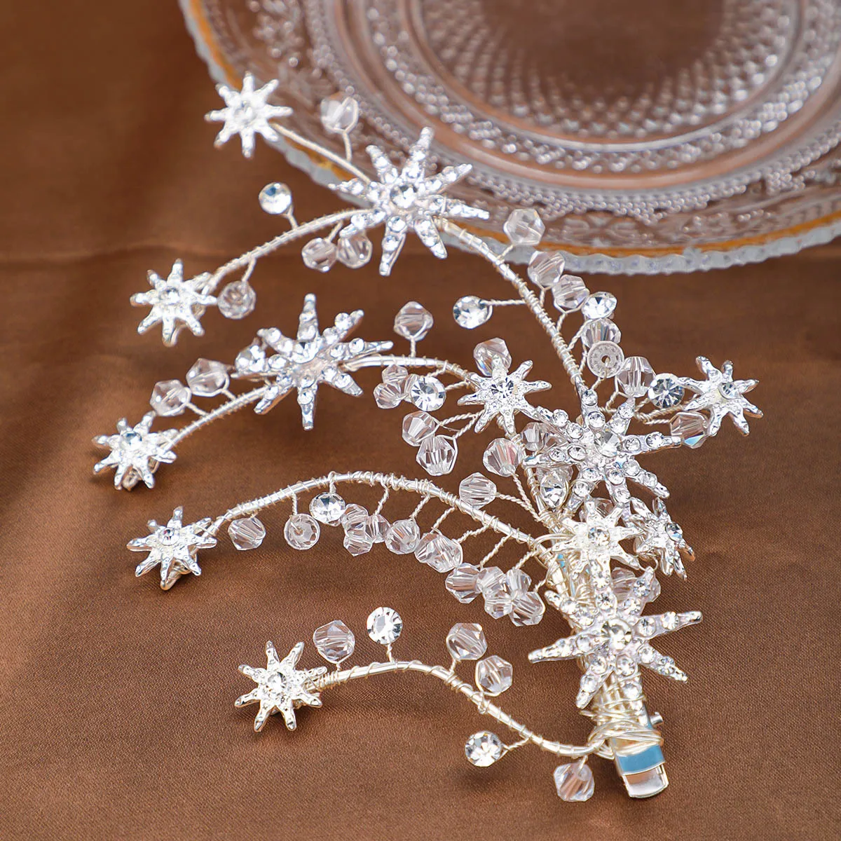 Handmade Rhinestone Hair Clip Bridal Side Pin Fashion Crystal Hairpin Silver Color Stars Shaped Barrettes Wedding Hair Jewelry