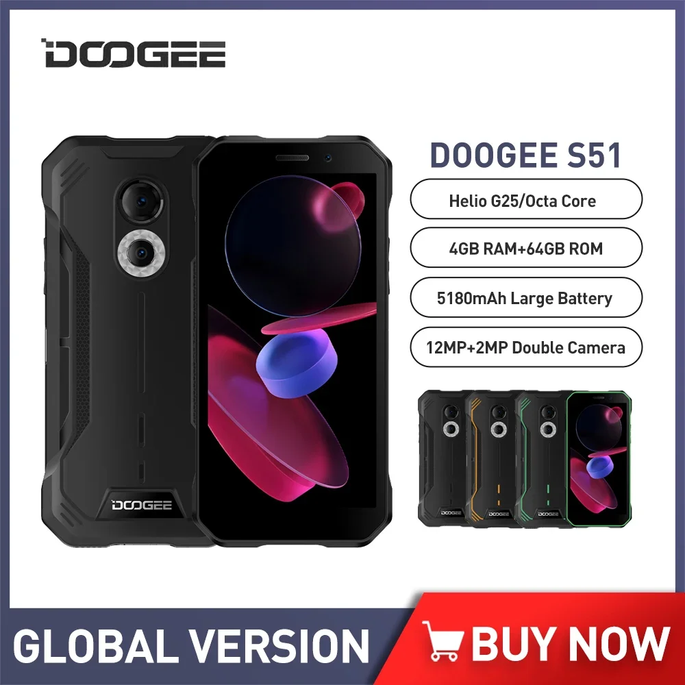 

DOOGEE S51 Rugged 4G Smartphone 4GB 64GB 12MP AI Double Camera 6.0 Inch HD Octa Core 5180mAh Battery Android 12 NFC Mobile Phone