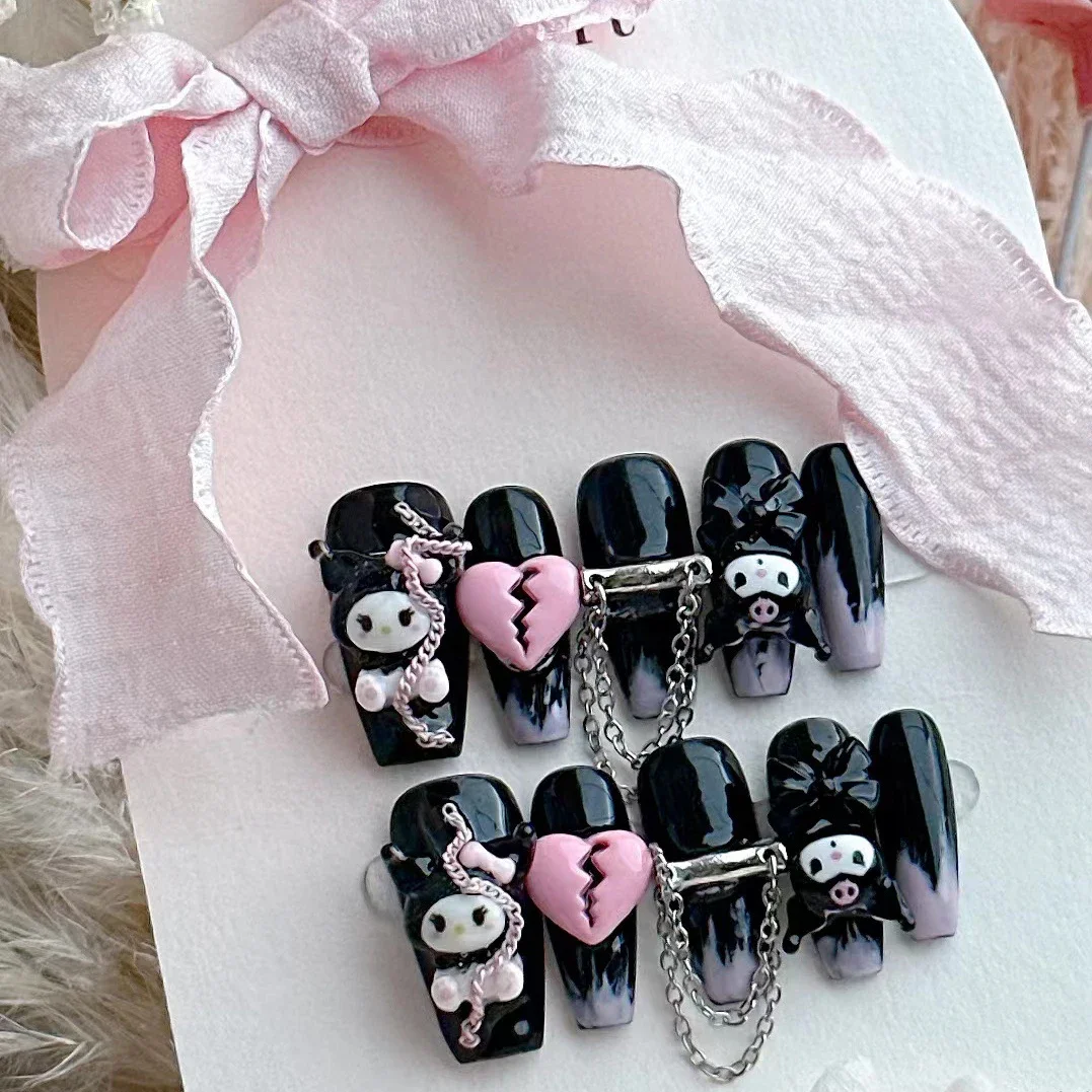 

10 шт. Sanrios Kuromi kawaii искусственные накладные ногти Длинные Аниме мультфильм носимые накладные ногти съемное полное покрытие накладные ногти
