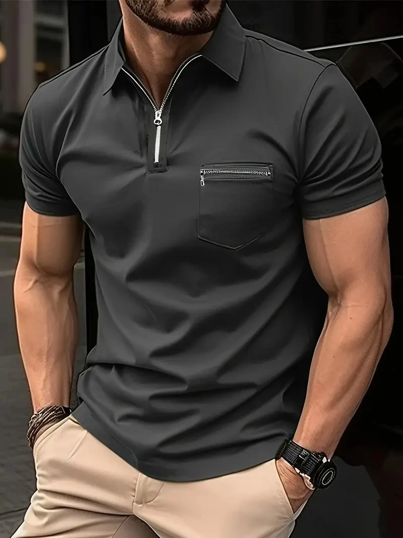 Solid Color Men\'s Chic Short Sleeve Lapel Shirt With Zipper Design, Summer Outdoor