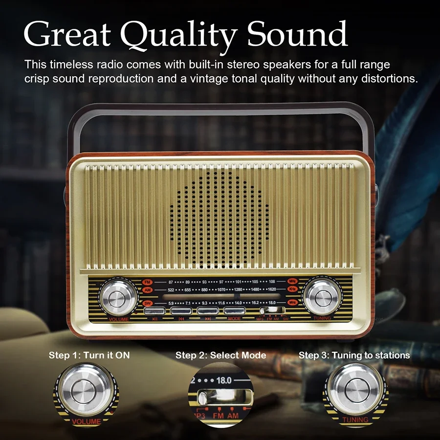 Portable Bluetooth Speaker Radio FM/AM/SW Card TF USB MP3 Music Player Wooden Retro