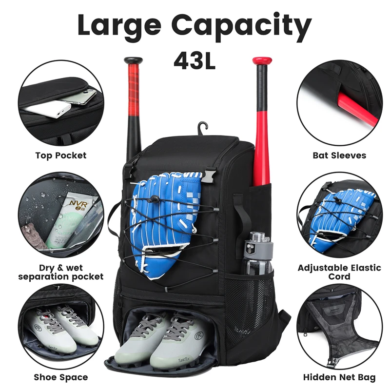 Waterproof Baseball Training Equipments Backpack 43L Large Capacity Portable Multifunctional Sports Bag Outdoor Baseball Games
